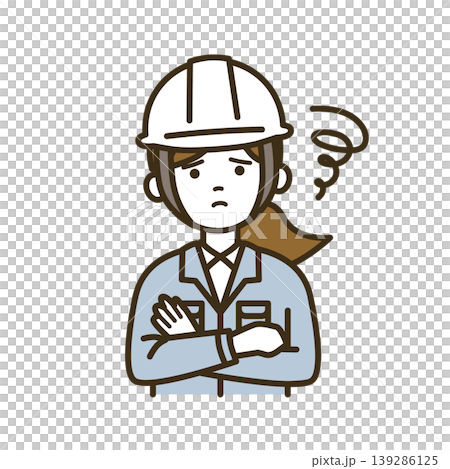 Illustration of a female engineer in work clothes, contemplating and thinking | White helmet, arms crossed, deep in thought 139286125