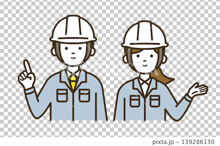 A pair of site supervisors and female technicians explaining important points and instructions | Work clothes, pointing tools, hand gestures 139286130