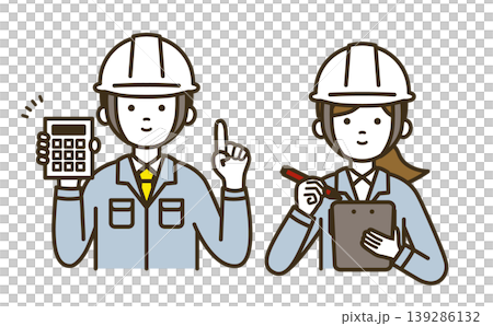 Worker uniform set for male and female staff responsible for providing quotes and recording contracts: work clothes, tie, blouse, and calculator. Worker uniform set for male and female staff responsible for providing quotes and recording contracts: work clothes, tie, blouse, and calculator. 139286132