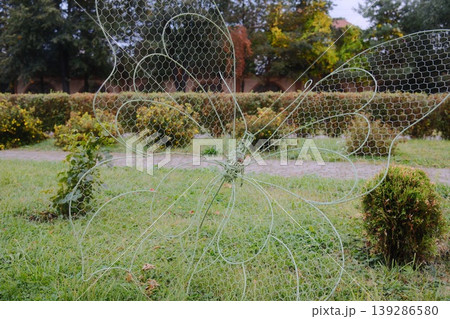A wire mesh butterfly sculpture sits on a lawn near bushes A wire mesh butterfly sculpture sits on a lawn near bushes 139286580