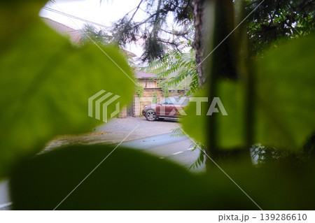 A maroon vehicle parks near a house with an enclosed yard, seen through green foliage A maroon vehicle parks near a house with an enclosed yard, seen through green foliage 139286610
