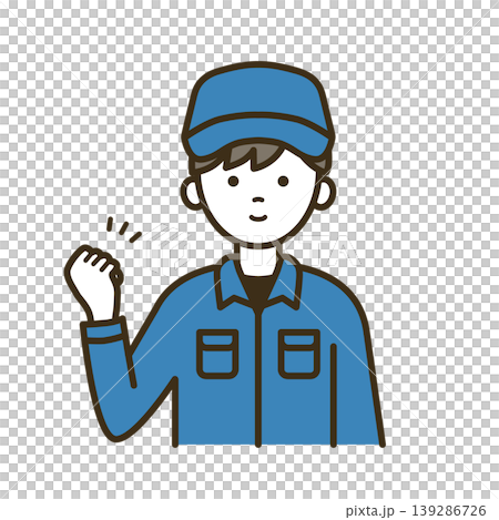 作業帽とシャツで元気にガッツポーズする物流スタッフの男性イラスト｜配送・配達・成功・笑顔 139286726