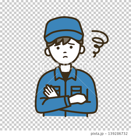 作業帽とシャツで検討し悩む物流スタッフの男性イラスト|配送・配達・検討・考える 作業帽とシャツで検討し悩む物流スタッフの男性イラスト|配送・配達・検討・考える 139286732