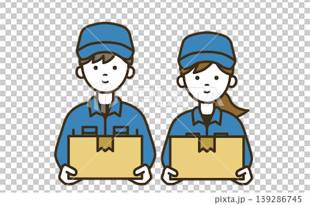 Logistics staff uniform set for men and women working together to carry packages: work cap, shirt, delivery equipment, cardboard boxes. Logistics staff uniform set for men and women working together to carry packages: work cap, shirt, delivery equipment, cardboard boxes. 139286745