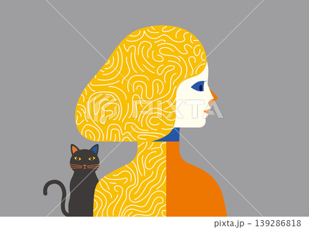 考える女性と見守る猫の静かなアートイラスト 考える女性と見守る猫の静かなアートイラスト 139286818