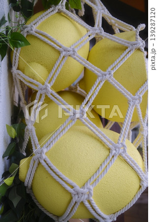 Four artificial lemons are suspended in a macrame holder with vine accents Four artificial lemons are suspended in a macrame holder with vine accents 139287120