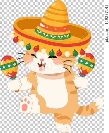 Cinco de Mayo cute cartoon cat wearing sombrero and holding maracas Cinco de Mayo cute cartoon cat wearing sombrero and holding maracas 139287145