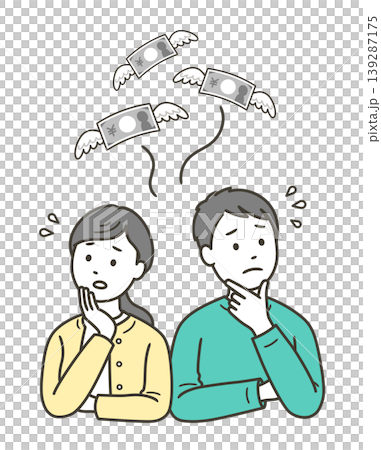 一對年輕夫婦驚慌失措,因為他們的錢好像長了翅膀飛走了。 一對年輕夫婦驚慌失措,因為他們的錢好像長了翅膀飛走了。 139287175