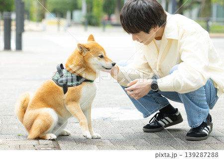 ライフスタイル ペット 柴犬の散歩をしている男性 ライフスタイル ペット 柴犬の散歩をしている男性 139287288