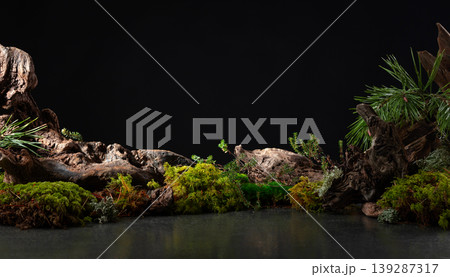 Northern natural composition with lichen, moss, pine branches and driftwood. 139287317