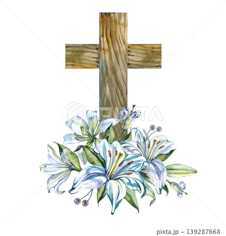 Beautiful hand drawn watercolor illustration of a wooden Christian cross adorned with elegant white lilies and green leaves. Symbolic religious artwork perfect for Easter, baptism, and church decor. 139287668