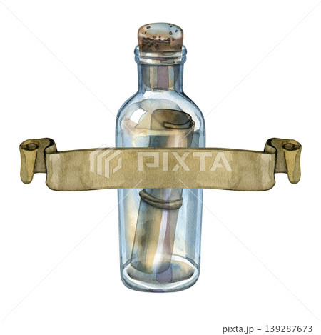 Vintage watercolor illustration of a message in a bottle, featuring a glass vessel with a cork and an internal paper scroll, overlaid with a matching parchment banner. Perfect for nautical and retro Vintage watercolor illustration of a message in a bottle, featuring a glass vessel with a cork and an internal paper scroll, overlaid with a matching parchment banner. Perfect for nautical and retro 139287673