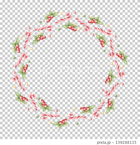 Hand drawn Christmas wreath with candy canes and red berries plant. Watercolor round frame template with holly leaves and copy space for winter holidays stickers. Simple botanical designs for plates Hand drawn Christmas wreath with candy canes and red berries plant. Watercolor round frame template with holly leaves and copy space for winter holidays stickers. Simple botanical designs for plates 139288115