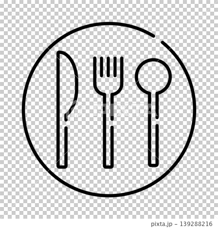 Minimalist meal icon: Line art illustrations of fork, knife, spoon, and plate; menu material. Minimalist meal icon: Line art illustrations of fork, knife, spoon, and plate; menu material. 139288216