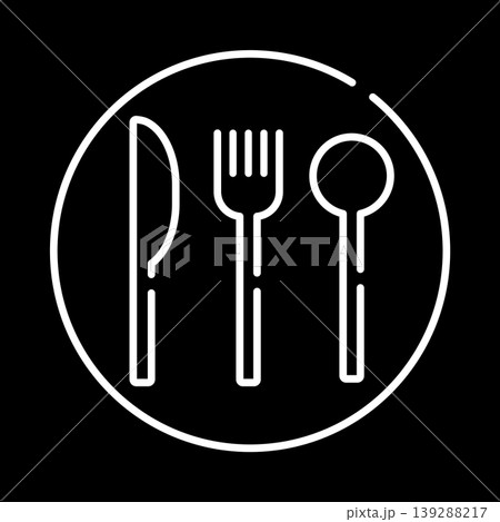 シンプルな食事アイコン フォーク ナイフ スプーン 皿の線画イラスト 黒背景 メニュー素材 シンプルな食事アイコン フォーク ナイフ スプーン 皿の線画イラスト 黒背景 メニュー素材 139288217
