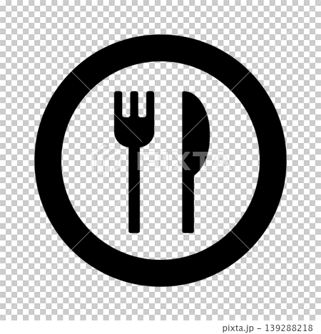 Simple meal icon: fork, knife, and plate illustration on a white background. Menu material. Simple meal icon: fork, knife, and plate illustration on a white background. Menu material. 139288218