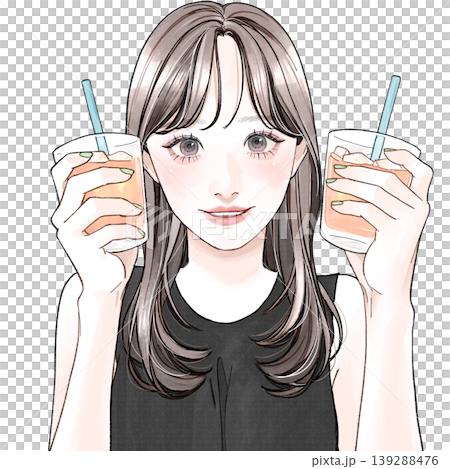 一名女子手裡拿著兩杯飲料 一名女子手裡拿著兩杯飲料 139288476