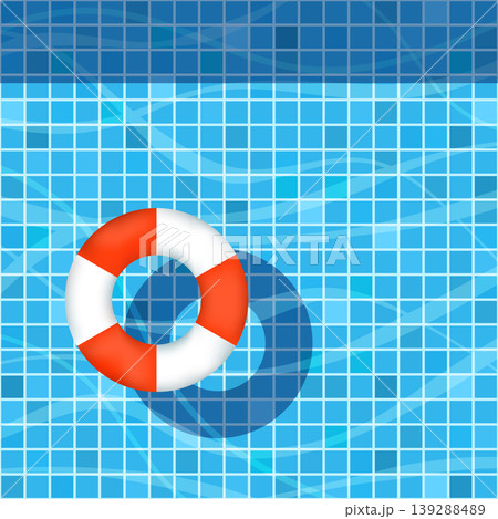 pool with blue water and vibrant red and white  inflatable ring 139288489