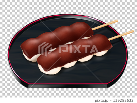 Two skewers of smooth red bean paste dumplings arranged on a plate - Japanese sweets Two skewers of smooth red bean paste dumplings arranged on a plate - Japanese sweets 139288632