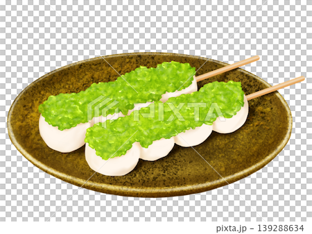Two skewers of dango (rice dumplings) filled with zunda bean paste, arranged on a plate. (Japanese sweets) Two skewers of dango (rice dumplings) filled with zunda bean paste, arranged on a plate. (Japanese sweets) 139288634