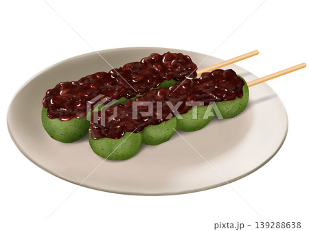 お皿に乗せた粒あんの草団子2本 和菓子 よもぎ お皿に乗せた粒あんの草団子2本 和菓子 よもぎ 139288638