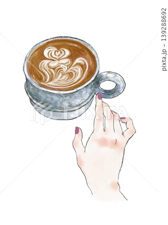 カフェラテと手元のイラスト　コーヒー　カフェ　 139288692