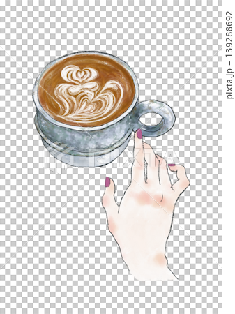 A latte and an illustration of a hand holding a coffee. 139288692
