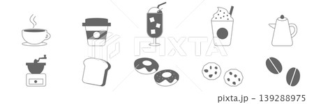カフェドリンクとスイーツのアイコンセット 手描き風 コーヒー パン ドーナツ 139288975