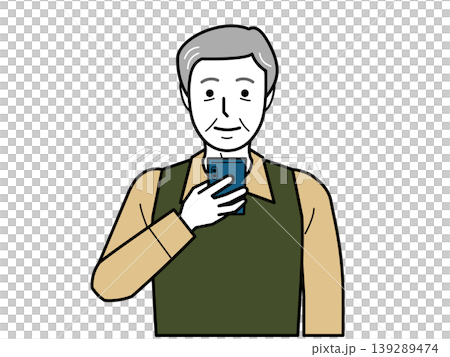 Facing forward. An elderly man in a shirt and vest looking at his smartphone. Part 2 Facing forward. An elderly man in a shirt and vest looking at his smartphone. Part 2 139289474