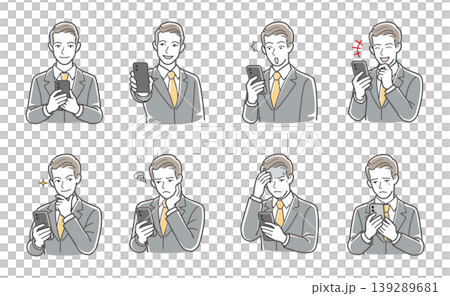 A set of variations on businessmen's facial expressions and poses (showing smartphone, showing screen, surprise, despair, sadness) A set of variations on businessmen's facial expressions and poses (showing smartphone, showing screen, surprise, despair, sadness) 139289681