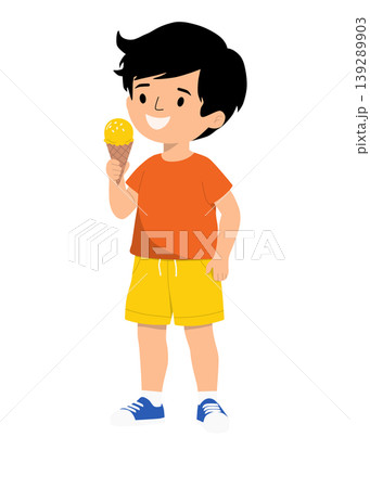 Happy Boy Eating Ice Cream in Summer Casual Clothes Illustration Happy Boy Eating Ice Cream in Summer Casual Clothes Illustration 139289903