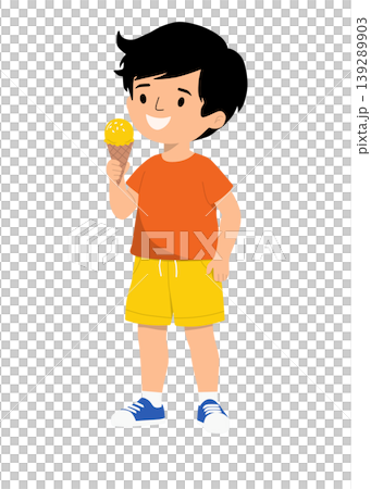 Happy Boy Eating Ice Cream in Summer Casual Clothes Illustration Happy Boy Eating Ice Cream in Summer Casual Clothes Illustration 139289903