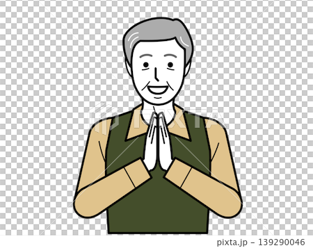 Facing forward. An elderly man in a shirt and vest, with his hands clasped together, saying "Itadakimasu" (thank you for the meal). Part 2 Facing forward. An elderly man in a shirt and vest, with his hands clasped together, saying "Itadakimasu" (thank you for the meal). Part 2 139290046