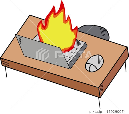 working on computer with on fire, representing work deadline pressure. working on computer with on fire, representing work deadline pressure. 139290074