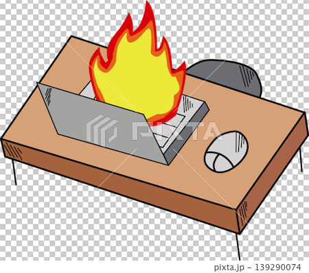 working on computer with on fire, representing work deadline pressure. working on computer with on fire, representing work deadline pressure. 139290074