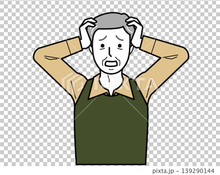 Facing forward. An elderly man in a shirt and vest, holding his head in his hands. Part 2 Facing forward. An elderly man in a shirt and vest, holding his head in his hands. Part 2 139290144