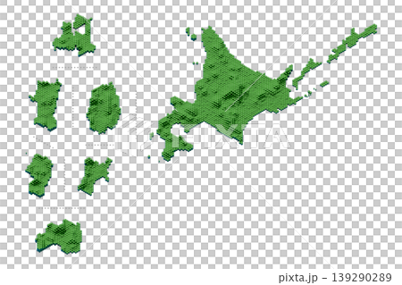 一組具有蜂巢結構的北海道和東北地區的三維地圖。 一組具有蜂巢結構的北海道和東北地區的三維地圖。 139290289