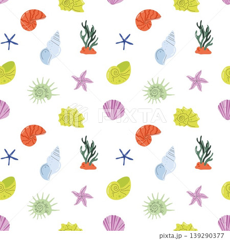 Seamless pattern with colorful flat vector sea shells and starfish on white background Seamless pattern with colorful flat vector sea shells and starfish on white background 139290377