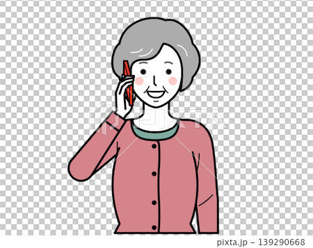 面向前方。一位身穿開襟衫的老婦人正在用智慧型手機打電話。 （第二部） 139290668