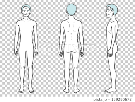Full-body illustration of a slender senior man (set of 3 angles: front, back, and side) 139290678