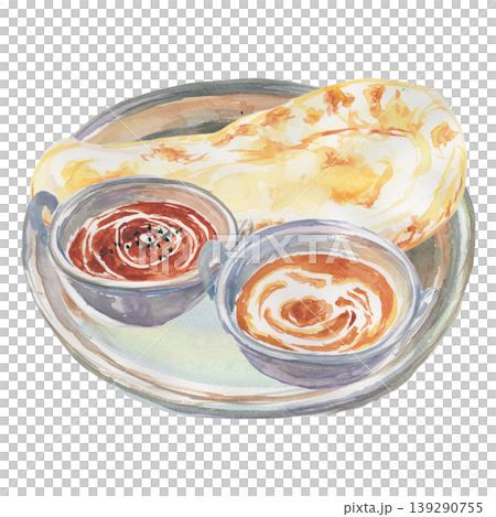 印度咖哩和印度烤餅的水彩插圖 139290755