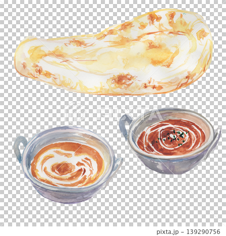 一套水彩插畫，描繪了印度咖哩和烤餅。 139290756