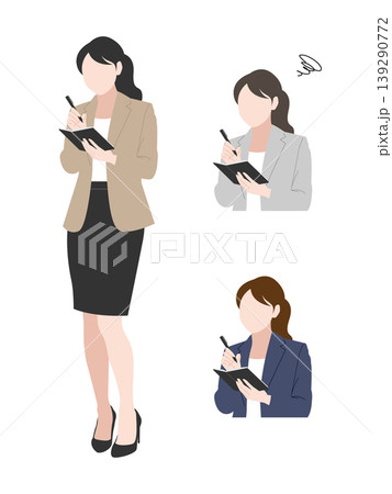 メモを取る女性のイラスト素材 ビジネスパーソン スーツ姿 白背景 メモを取る女性のイラスト素材 ビジネスパーソン スーツ姿 白背景 139290772