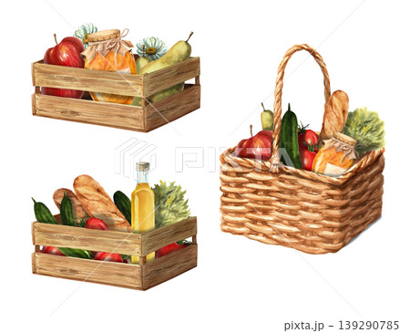 Farm produce in a basket and crate. A set of isolated illustrations for market, store, and farm design. 139290785