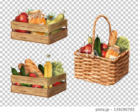 Farm produce in a basket and crate. A set of isolated illustrations for market, store, and farm design. 139290785