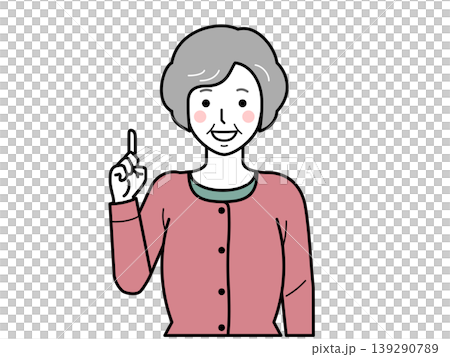 面向前方。一位身穿開襟衫的老婦人擺出數字「1」的姿勢。第二部分 面向前方。一位身穿開襟衫的老婦人擺出數字「1」的姿勢。第二部分 139290789