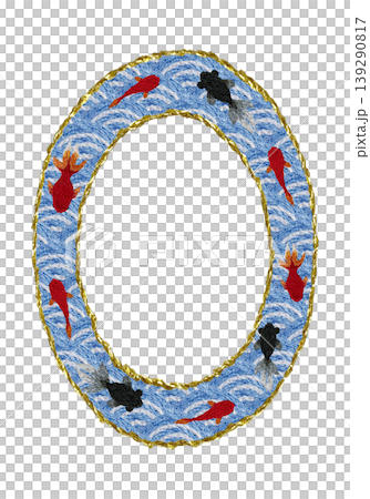 [Japanese-style Seigaiha wave and goldfish round frame] Hand embroidered illustration material 139290817