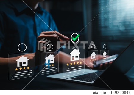Property selection and real estate comparison decision concept. Person reviewing home listings with ratings, approval mark. property evaluation, buyer choice, listing comparison, online housing search Property selection and real estate comparison decision concept. Person reviewing home listings with ratings, approval mark. property evaluation, buyer choice, listing comparison, online housing search 139290848