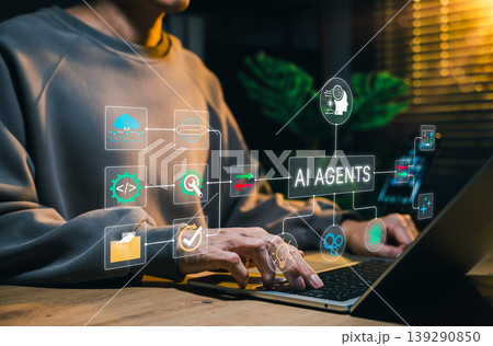 AI agents and intelligent workflow automation concept. Person using laptop with connected AI agent, code, cloud, search, folder, task icons. autonomous systems, smart orchestration, process automation AI agents and intelligent workflow automation concept. Person using laptop with connected AI agent, code, cloud, search, folder, task icons. autonomous systems, smart orchestration, process automation 139290850