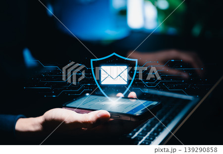 Secure email protection and message security concept. Person holding smartphone with shield and envelope icon. encrypted communication, inbox privacy, cyber defense, secure messaging, data protection 139290858